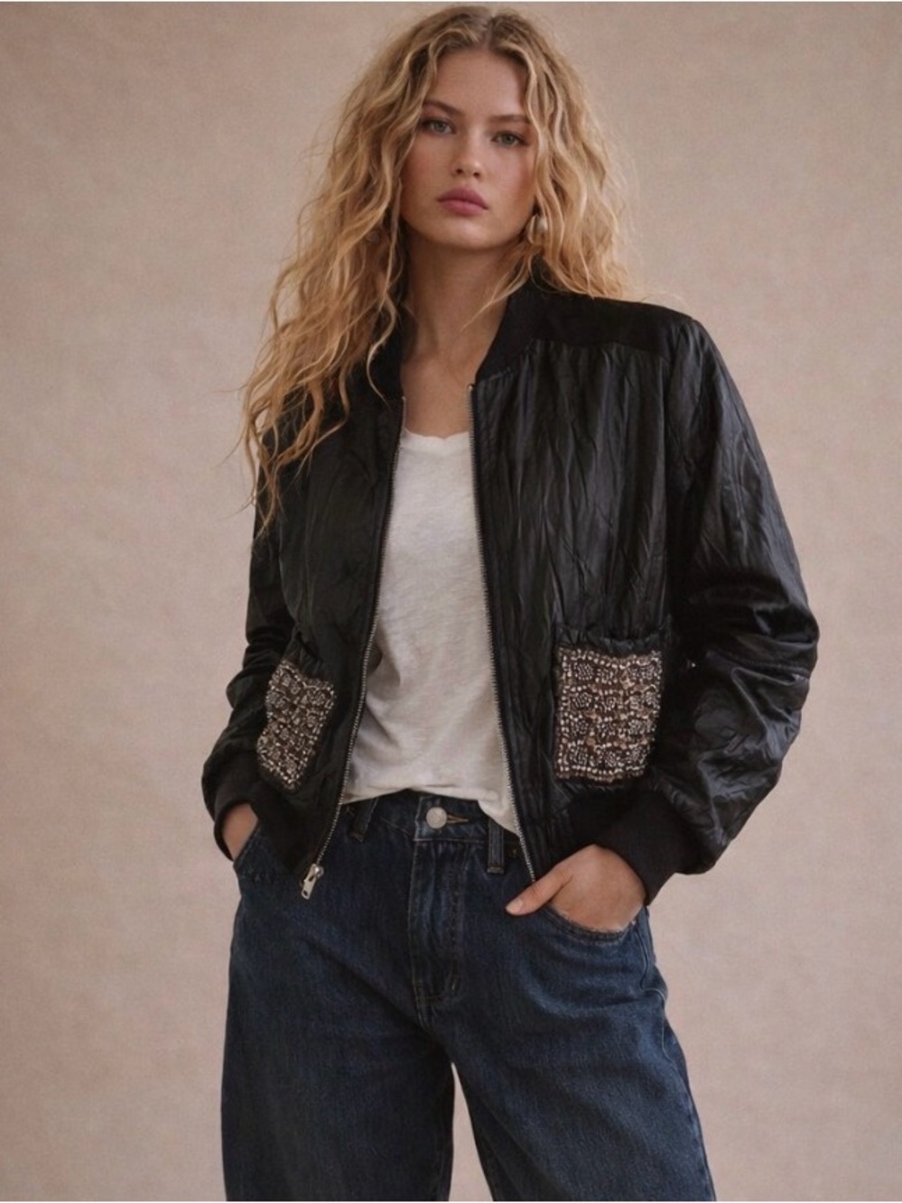 Miss Me Black Metallic Beaded Moto Vegan Leather Jacket